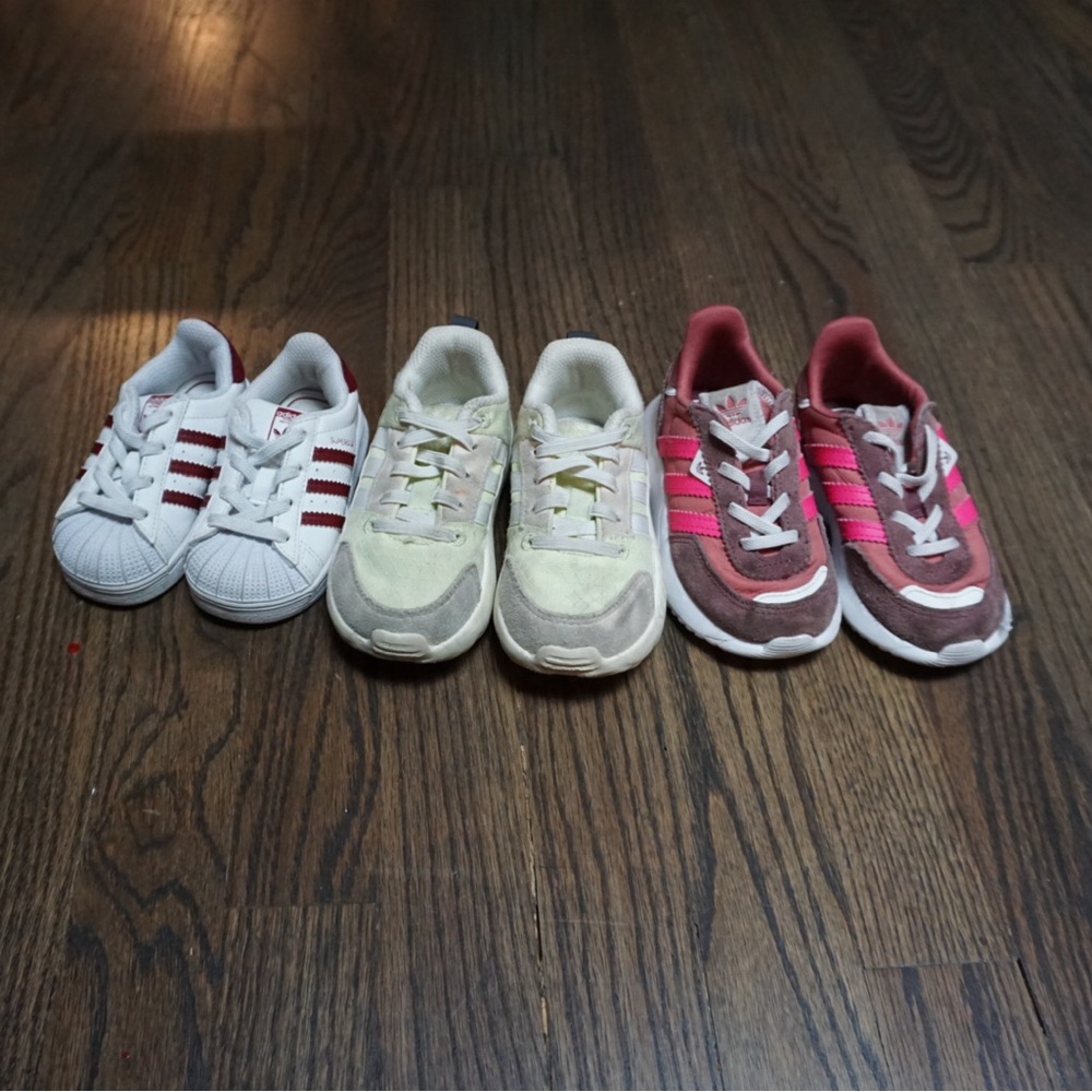 Set of Three Pairs of Adidas Toddler Sneakers for Girls (Sizes 5, 6, & 7)